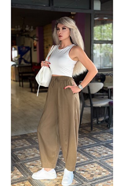 Haki Yüksek Bel Keten Relax Pantolon