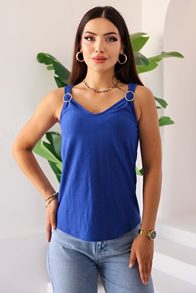 Lupinn Γυναικεία μπλούζα με μπλε τιράντες και λαιμόκοψη σε σχήμα V, με αξεσου...