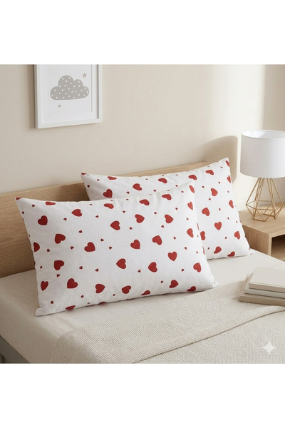 NİĞTEX Σετ 2 μαξιλαροθήκες 50x70 Βαμβακερές με σχέδιο κόκκινης καρδιάς