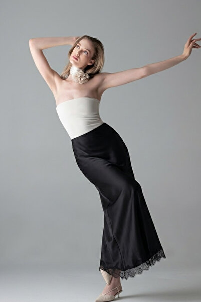 COMBİNE MİCHAİL Γυναικεία ψηλόμεση μαύρη μάξι σατέν φούστα