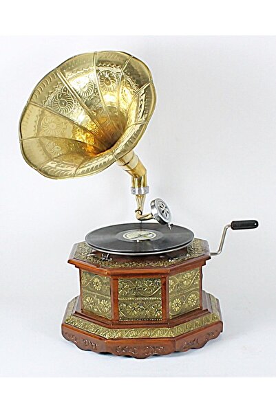Otantik Çarşı Ahşap Metal Kaplamalı Sekizgen Gramofon