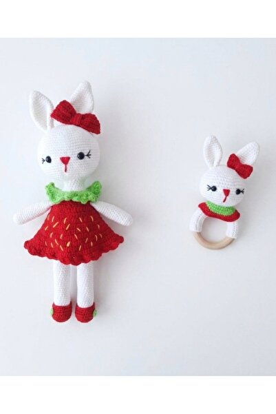 MİNOHOUSE Amigurumi Çilek Elbiseli Tavşan ve Çıngırak