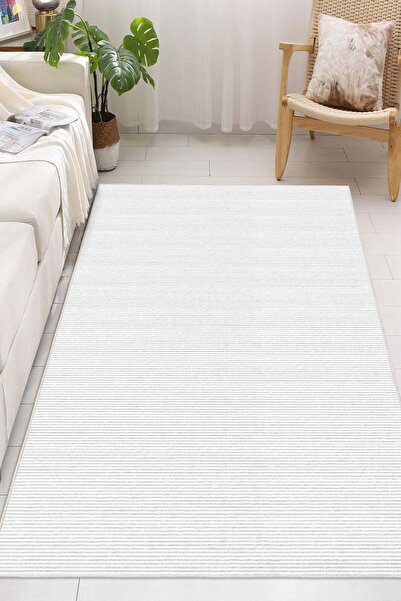 Pelura Halı Modern Minimalist Yatay Çizgili Beyaz Dijital Baskılı Yıkanabilir...