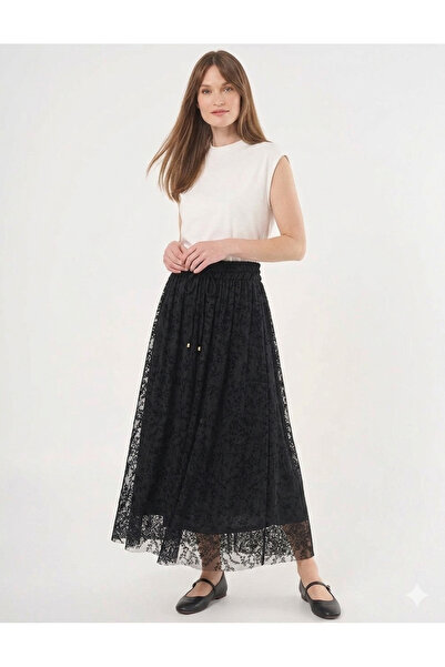 QUBERZ Γυναικεία μαύρη φλοράλ δαντελένια τούλινη φούστα - Κομψή φούστα μάξι μ...