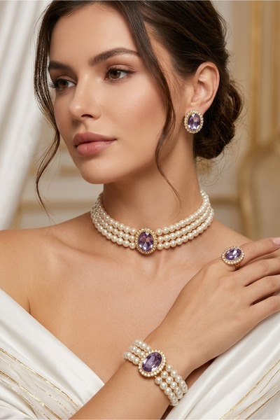 Happyline Cam İncili lila oval taşlı gold kaplama inci choker kolye tasarım ş...