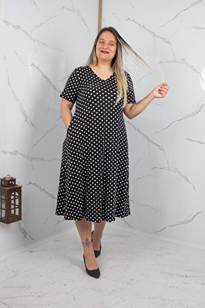 Truva XXL Cotton Lycra Polka Dot Patterned Plus Size V-Neck Dress