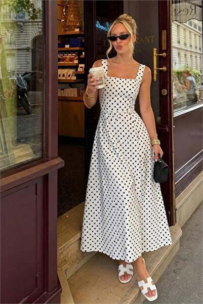 Neşeli Butik γυναικείο λευκό φόρεμα με χοντρές τιράντες και πουά σχέδιο σε όλ...