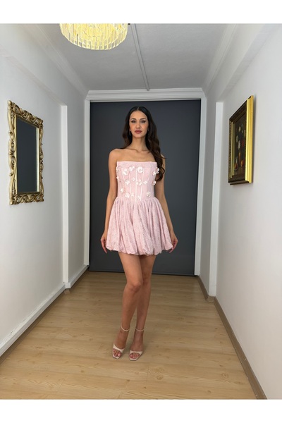 gökkuşagı moda Pudra Dantel Straplez Balon Etek Üst Çiçek Detaylı Kısa Abiye ...