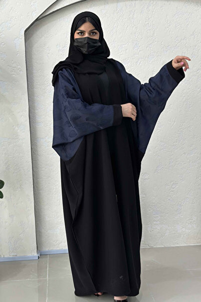 Hasnaa Abaya عباية اورجانز اسود مع تدخيلات قماش جاكار كحلي ع الكم