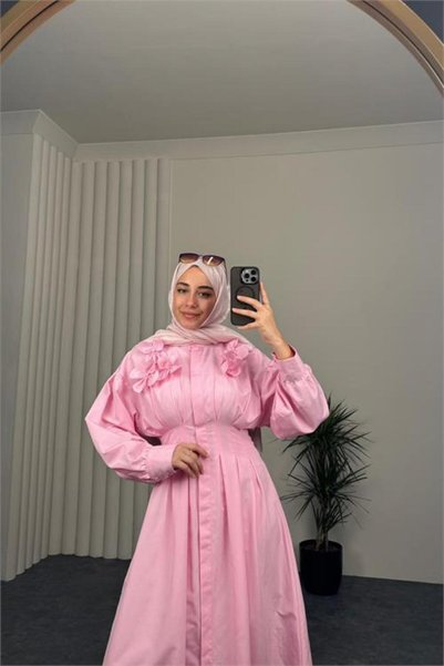 Neşeli Butik Women's Pink Belted Floral Detailed Premium Hijab Dress Nbvq4933