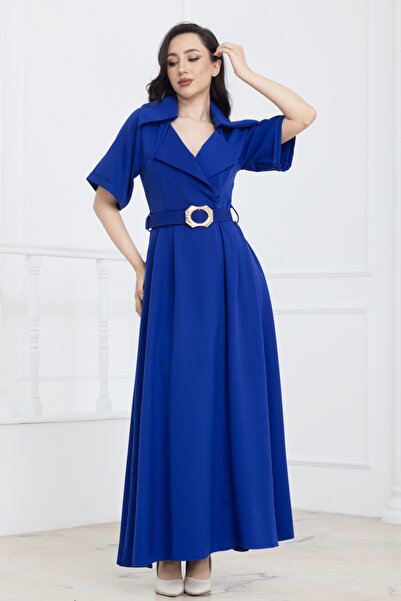 BEYBOS Διπλόστρωτο φόρεμα με γιακά και ζώνη για καθημερινή χρήση - SAKS BLUE