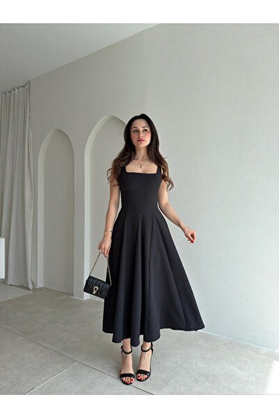 Mooi Butik فستان لافوير ميدي بحزام 5480 - أسود