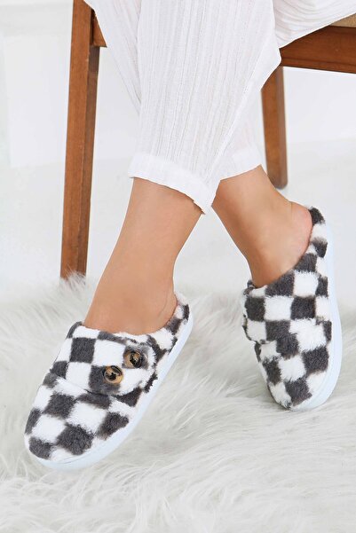 TOFİSA Γυναικείες παντόφλες σπιτιού με κουμπιά σε ανθρακί καρό - 27780-ANTRASIT