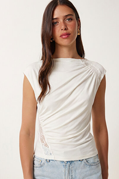 Lovelyİstanbul Lace Detailed Gathered Sandy Knitted Blouse Lzh0026 Ecru