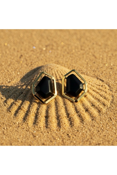 Gold Çerçeve Geometrik Altıgen Küpe (Siyah & Krem & Bordo)