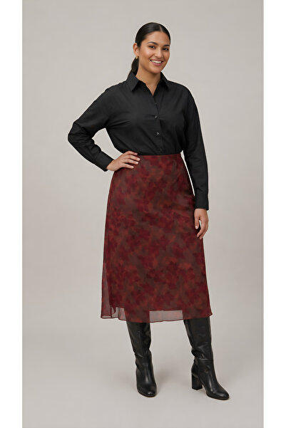BLOUSE Günlük Şık Bordo Desenli Midi Etek