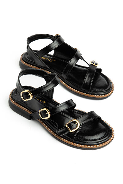 RİSSOLİ Γυναικεία μαύρα δερμάτινα πέδιλα με λεπτομέρεια αγκράφας και λουράκι ...