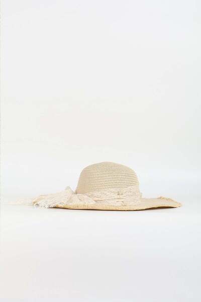 Haşema Καπέλο παραλίας από ψάθα σε κρεμ χρώμα με λεπτομέρεια κορδέλας 19056
