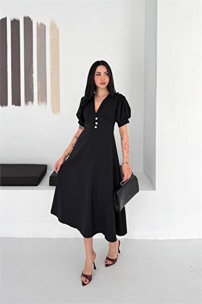 Neşeli Butik Γυναικείο μαύρο φόρεμα με λαιμόκοψη V, μήκους midi, με λεπτομέρε...