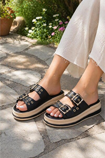 MODAONN Γυναικείες παντόφλες πλατφόρμας μποέμ με χρυσή πόρπη και έθνικ πινελιές