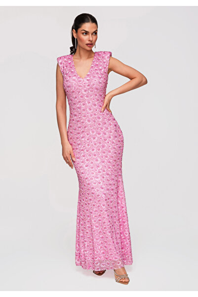 Larica Γυναικείο Μάξι Φόρεμα Βραδινό Εφαρμοστό με Παγιέτες LA-OM-DLR341 Ροζ