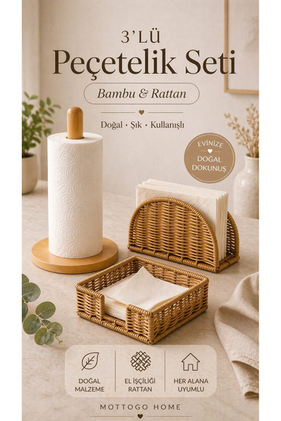 Mottogo 3’lü Bambu Rattan Peçetelik Seti Kağıt Havluluk Mutfak Düzenleyici Or...