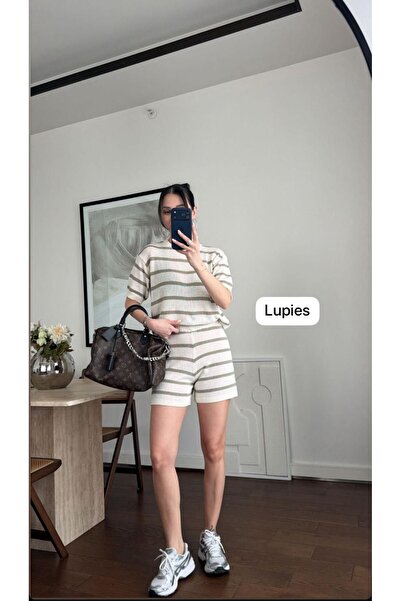 Lupies Women's Shorts-Blouse Green Striped Knitwear Set