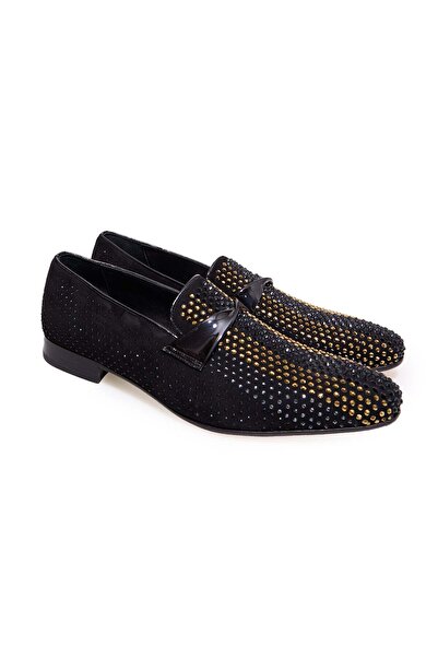 FRANCO CALVANI Black Color Laceless Genuine Leather Leather Sole Stone-Embell...