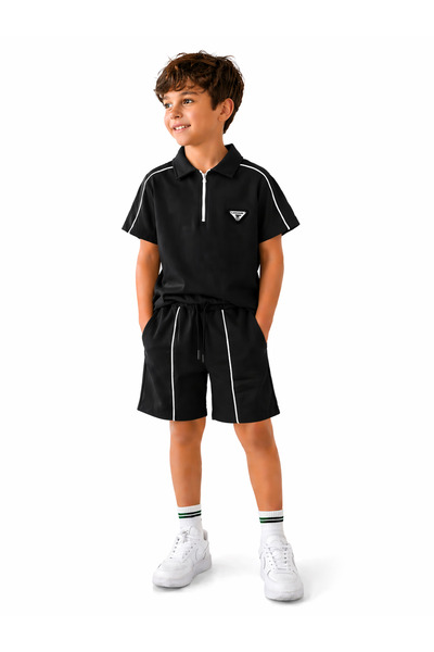 RAPAPA Set negru cu guler polo cu fermoar pentru băieți-11729S