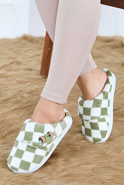 TOFİSA Γυναικείες παντόφλες σπιτιού με κουμπιά σε χακί καρό σχέδιο - 27780-HAKI