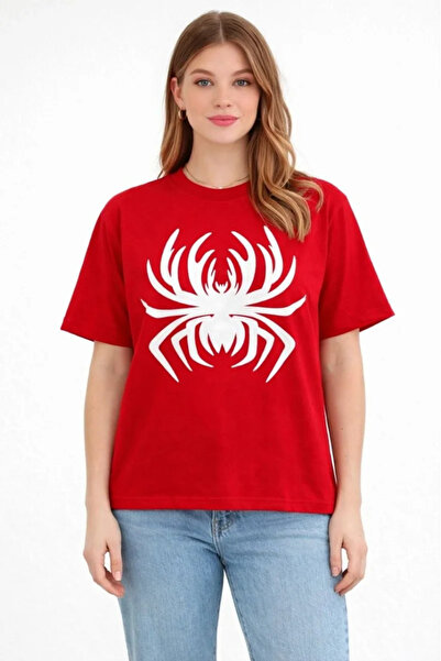 Generic Brand Women's Spider Print T-Shirt Short Sleeve Crew Neck T-Shirt - Red