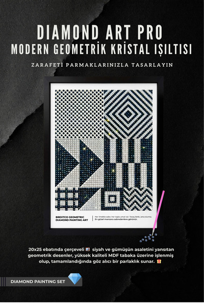 Brextco Store Modern Geometrik Elmas Boyama Seti | 20x25 cm MDF Çerçeveli & P...