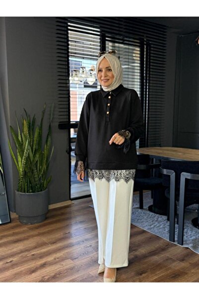 Suede Style 6441 - Άνετο, χαλαρό, βασικό γυναικείο μακρύ φούτερ με δαντέλα κα...