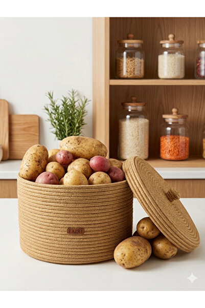 AZR HOME DESİGN Natural Jute Rope Handmade Basket Potato Onion Basket Bread B...