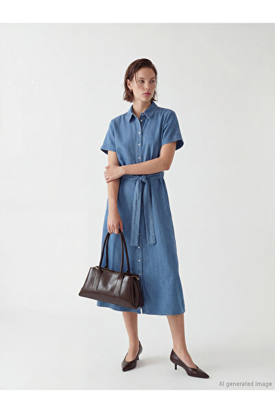 LC Waikiki Collared Neck Belted Denim Dress