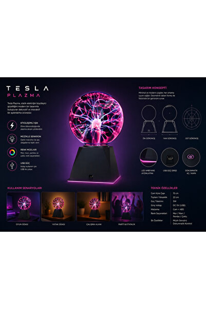 teknohediye USB’li Plazma Tesla Küre Işıklı Cam Dekoratif Lamba Dokunmatik Ge...