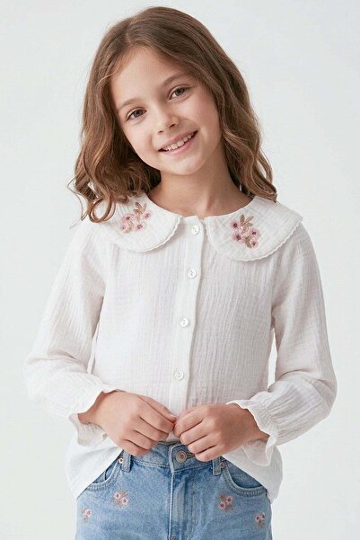 Breeze Κοριτσίστικο πουκάμισο με λουλουδάτο κέντημα στο γιακά και κουμπιά, γι...