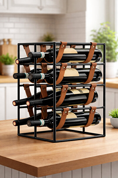 Roccos Dekoratif 8’li Metal Şaraplık – Deri Bantlı Wine Rack | Modern Şarap &...