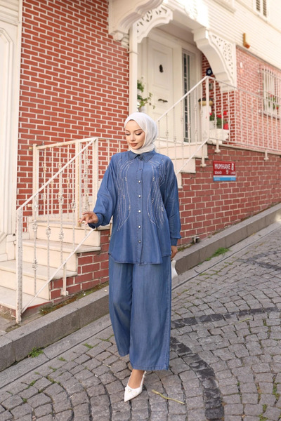 TATULA Stone Embroidered Suit with Shirt and Wide-Legged Trousers
