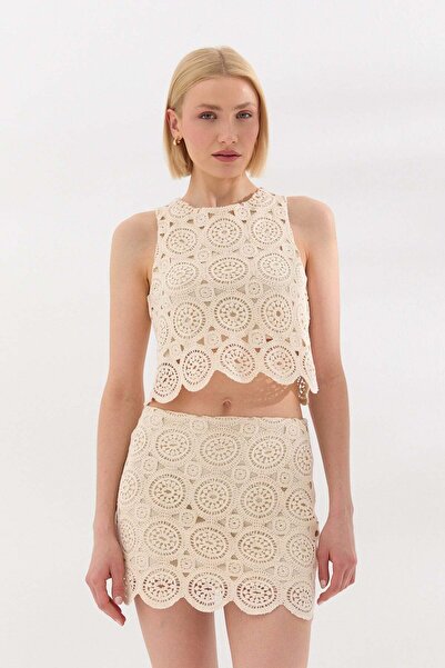 PARKhande Kolsuz Crochet Bluz Krem