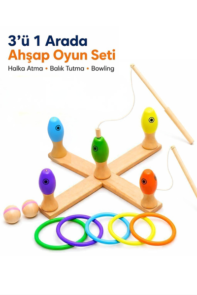 Nilberry 3’ü 1 Arada Ahşap Oyun Seti Balık Tutma Halka Atma Bowling Eğitici O...