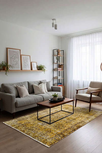 Loop Rugs Sarı El Dokuması Vintage Salon Halısı - Eskitme Organik Yün Pamuk T...