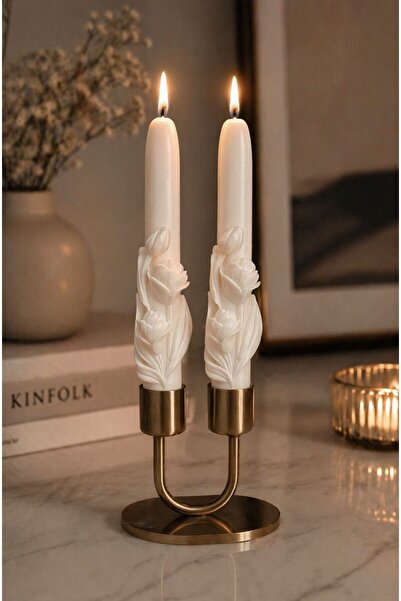 SCA CANDLE Dekoratif mum şamdanlık Mum gül model Beyaz renk 2 kili 20x2,2 Cm