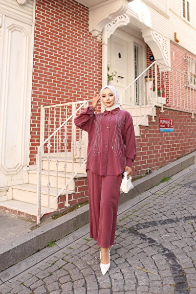 TATULA Stone Embroidered Suit with Shirt and Wide-Legged Trousers