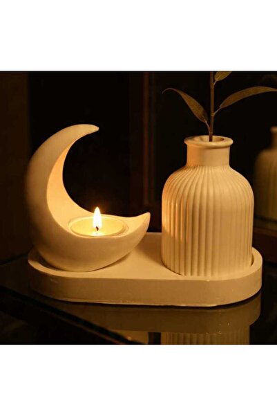 Midas Home Ay Figürlü Tealight Mumluk, Çizgili Bohem Küçük Vazo, Tepside