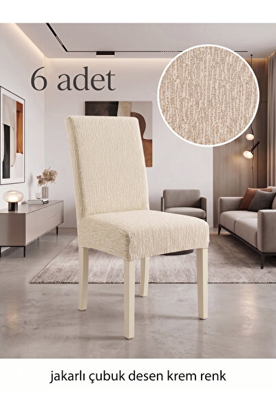 Hacer (6 ADET) jakarli çubuk DESEN LİKRALİ KUMAŞ Sandalye Örtüsü, Lastikli, E...