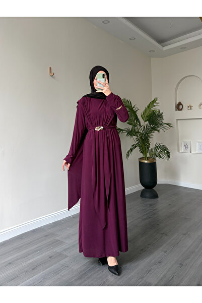 Esre Store 1513 - Φόρεμα από ύφασμα Sandy με ζώνη, χρώμα δαμασκηνί