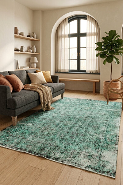Yeşil El Dokuması Vintage Salon Halısı - Eskitme Organik Yün Pamuk Türk Halısı - 160x280 cm