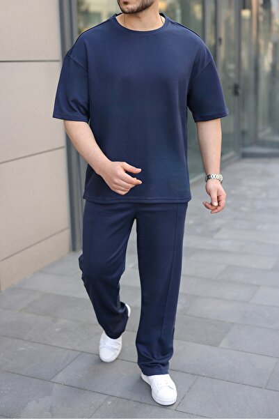 NERATHIS Men's Oversize Modal Fabric Premium Quality 2-Piece Set-Navy Blue