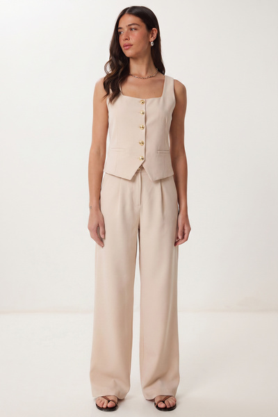 Lovelyİstanbul Χρυσά κουμπιά Υφαντό Γιλέκο-Παντελόνι Σετ LAZ0004 ΚΡΕΜ